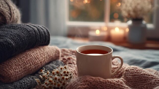Cozy tea cup and flowers on knitted blanket in softly lit bedroom scene Peaceful fall bedroom setting with warm lighting cup of chamomile tea and cozy blankets