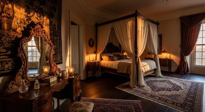 Opulent master bedroom featuring a grand four-poster bed with luxurious drapery and warm, ambient lighting
