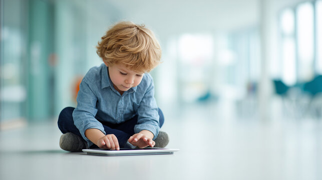 young boy using tablet for digital learning, focused child playing with educational app on tablet, little kid sitting on floor using touch screen device in bright room