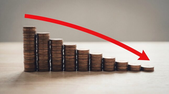 Coins stacked in decreasing order with a red downward arrow indicating financial decline or loss