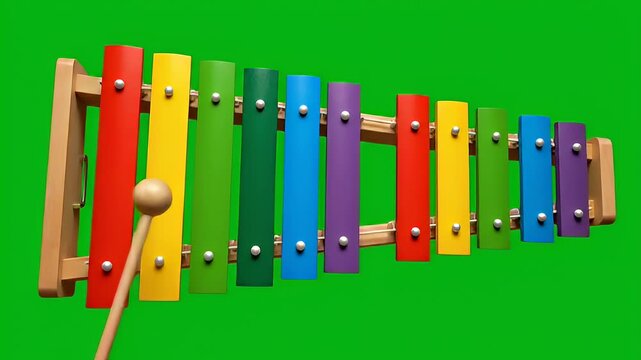 Colorful xylophone with mallet against green background
