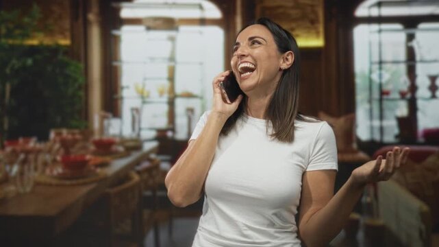 Woman laughing on phone with hand on chest and palm up at a decorated dining table inside a building; joyful connection.