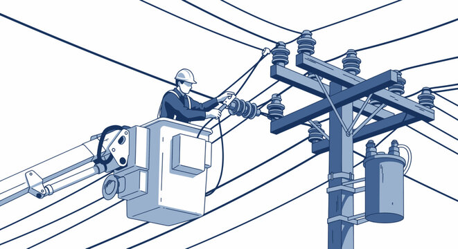 Lineman working on power lines from bucket truck, electrical maintenance, utility worker