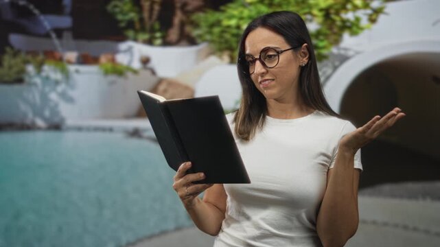 Woman reads a black book holding it in one hand with palm raised in a questioning shrug near a pool in a building; uncertainty reflection.