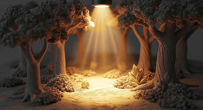 Stylized 3D forest scene with sculpted trees and dramatic spotlight