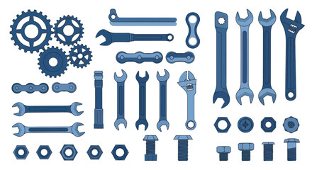 Obraz premium Collection of blue wrenches, gears, nuts, and bolts isolated on white background