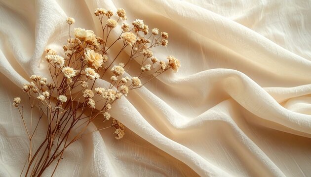 Dried flowers on beige fabric, flat lay, minimalist background, website design