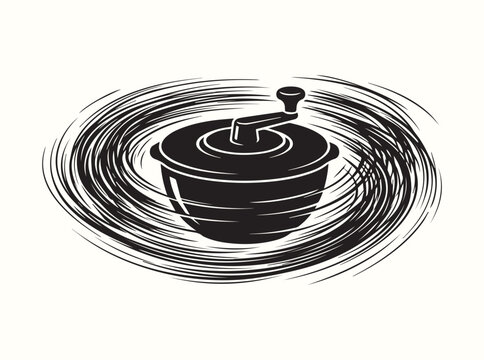 Solid black silhouette of a round salad spinner bowl in dynamic centrifugal action