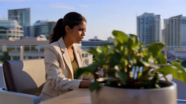Rooftop morning work with laptop, focused businesswoman analyzing charts on screen, balcony city skyline backdrop, potted plant and travel mug on table, soft golden light, professional