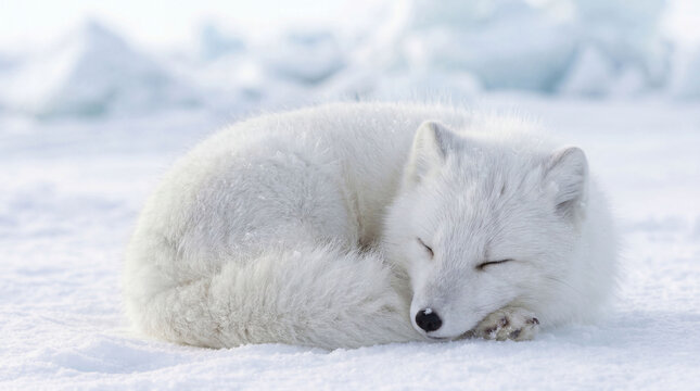 Arctic fox sleeping curled up in white snow