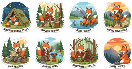 Set of Outdoor Adventure Fox Stickers Featuring Camping Scenes, Hiking, Fishing, Wood Chopping, Map Reading, and Wilderness Survival Illustrations for Kids and Scouts