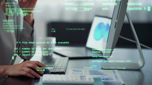 オフィスでパソコンを使う女性とデジタルテクノロジーのコンセプトイメージ