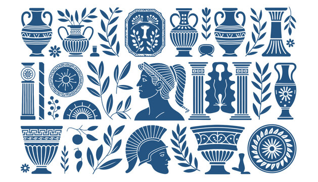 Ancient Greek vase vector illustration set with blue icons and symbols