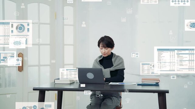ノートパソコンを使う女性とデジタルデータのコンセプトイメージ