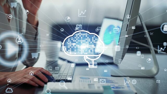 オフィスでパソコンを使う女性とAIネットワークのコンセプトイメージ