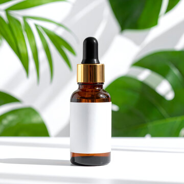 Small Amber Dropper Bottle with White Label on White Surface in Bright Studio