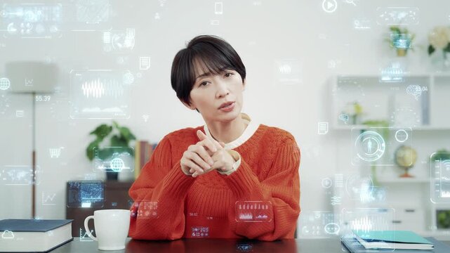 カメラ目線で話す女性とデジタルテクノロジーのコンセプトイメージ