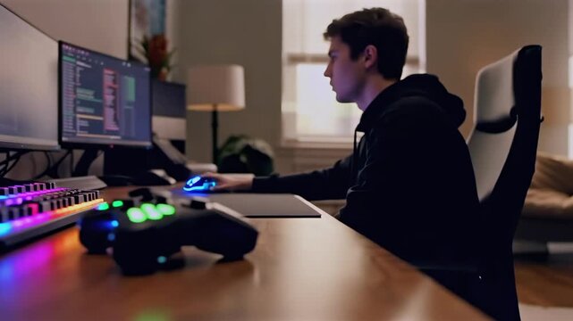 Rgb keyboard foreground, white male focused at monitor, home office setup with illuminated keys and mouse, ergonomic chair, blurred background with warm lamp, coding and gameplay windows