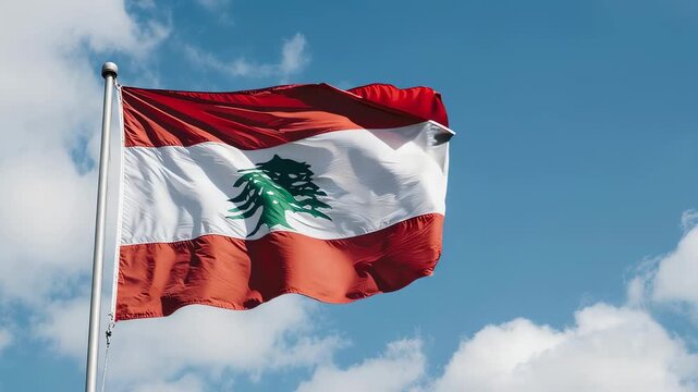 Lebanese flag waving gently in a clear blue sky with fluffy white clouds, captured in a medium shot against a bright, airy backdrop, symbolizing national pride and freedom