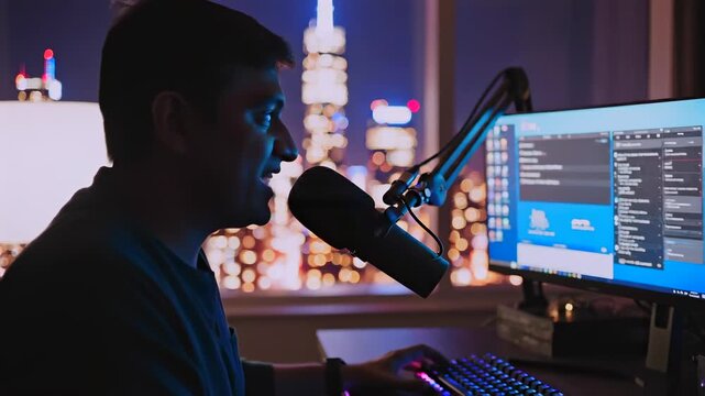 Man streaming at night, city skyline backdrop, professional microphone and dual monitors, RGB keyboard glow, hands on mouse, live chat interface visible, focused commentary, studio setup