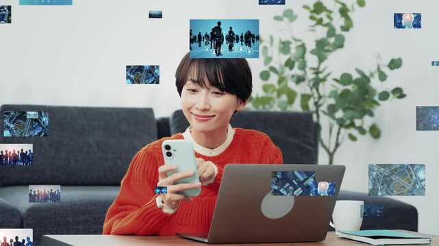 スマホとノートパソコンを使う女性と映像データのコンセプトイメージ