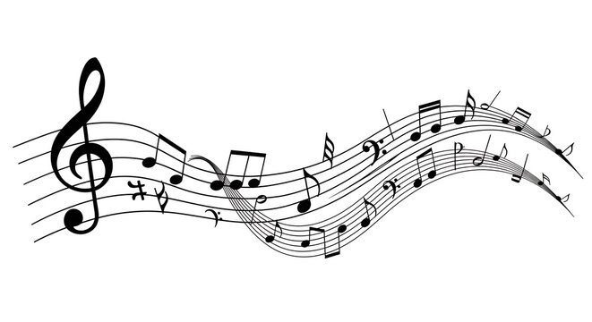 Decorative musical staff wave with floating notes and clefs 2026