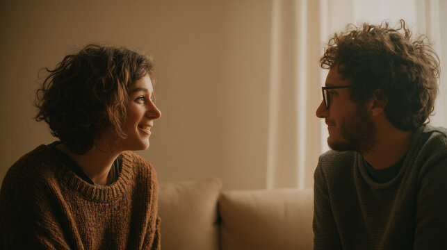 two people having genuine conversation in calm minimal environment, smiling young couple looking at each other with affection, diverse man and woman sharing a meaningful moment against grey wall