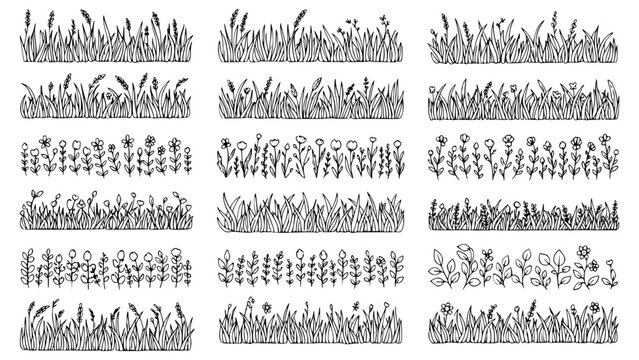 Various grass and flower line art designs for creative projects and backgrounds