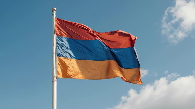 The Armenian flag waves majestically on a flagpole against a clear blue sky with scattered white clouds, captured in a medium shot with bright daylight