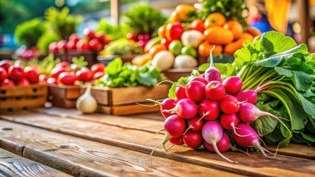 A vibrant radish on a wooden table in a bustling local market stalls for sale amidst a colorful array of regional organic produce