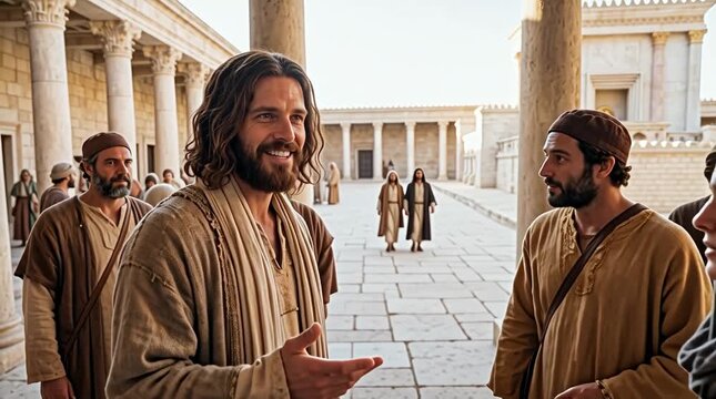 Jesus smiling gently while telling the Jews that Abraham rejoiced to see his day