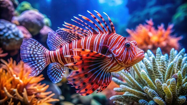 Close-up of red zebra lionfish swimming near coral reef in a large aquarium