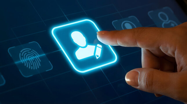 Human finger pressing glowing blue user profile edit icon on dark digital screen for account management or data update