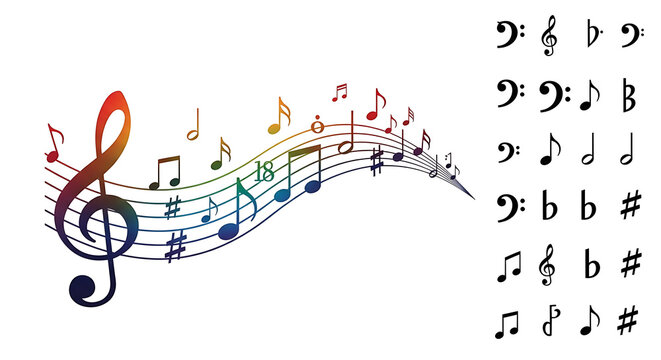 Colorful treble clef on wavy lines with black music icons 2026