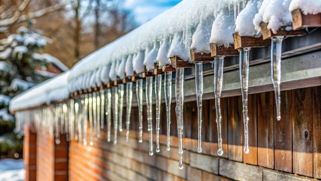 Icicles hanging from gutter under winter roof