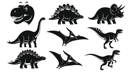 Black and White Dinosaur Silhouette Vector Icon Set Featuring Tyrannosaurus Rex Stegosaurus Triceratops Brachiosaurus Pterodactyl and Velociraptor Illustrations for Creative Graphic Design Projects © rehna
