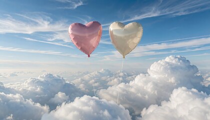 Fototapeta premium Two Heart-Shaped Balloons Floating Above Clouds in Blue Sky