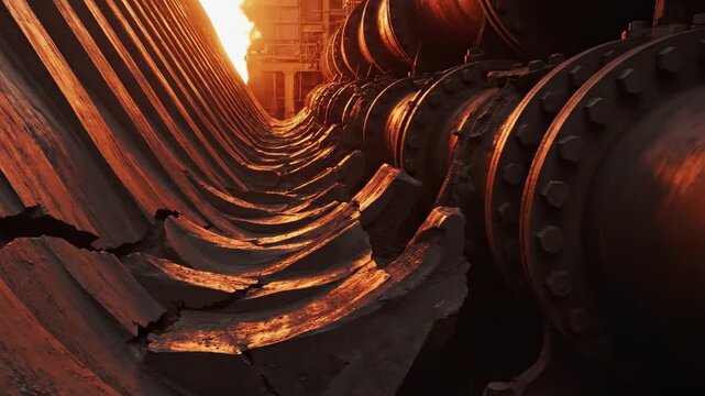 A dramatic industrial scene captures the jagged edges of cracked piping, with molten orange hues reflecting the intense heat from a nearby furnace, emphasizing a raw, powerful energy