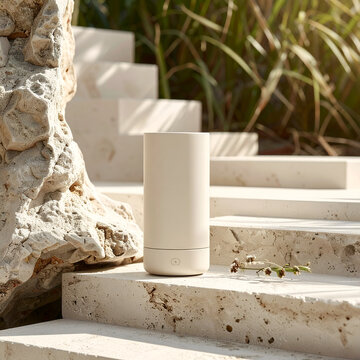 Minimal Cream Wireless Speaker on Stone Staircase in Outdoor Setting