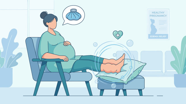 Pregnant woman elevating swollen legs on pillows while sitting in a chair in a calm interior. Edema relief, prenatal care and comfort support concept vector illustration.