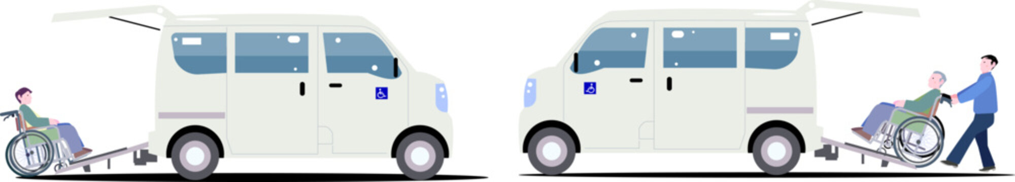 介護タクシーの車いす乗降イメージセット、スロープ付き福祉車両と介助者のイラスト（ベクターデータ・レイヤー整理済）