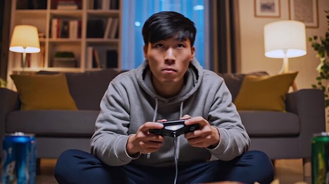 Young asian man focused gaming on floor, grey hoodie, popcorn and soda cans scattered, bookshelf backdrop, competitive match vibe, surprised reactions and quick reflexes.