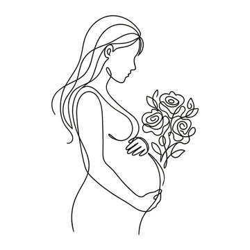 Minimal line art of a pregnant woman holding flowers symbolizing blooming beauty and new life. Feminine growth, natural elegance and maternal harmony concept vector illustration.