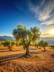 Naklejka premium Mature Mediterranean olive trees stand in a serene landscape with sun-kissed hills and a blue sky