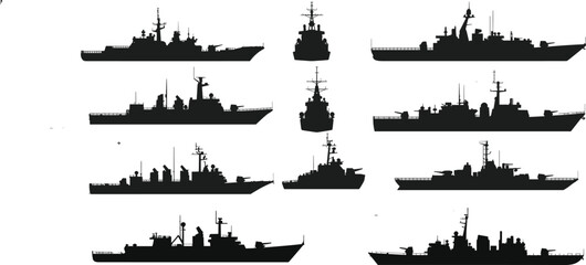 Obraz premium Collection of military warship silhouettes in various naval vessel designs, showcasing maritime defense, fleet power, and combat ships, isolated on white background for design use
