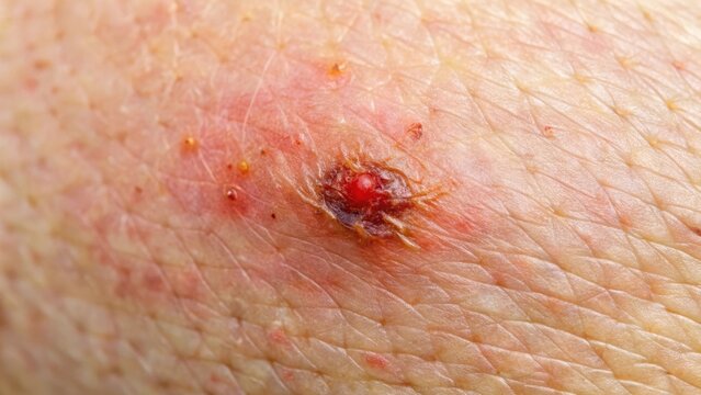 Close-up of a small abrasion wound with slight redness and scarring on Caucasian skin