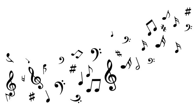 Abstract musical symbols stream isolated on white background