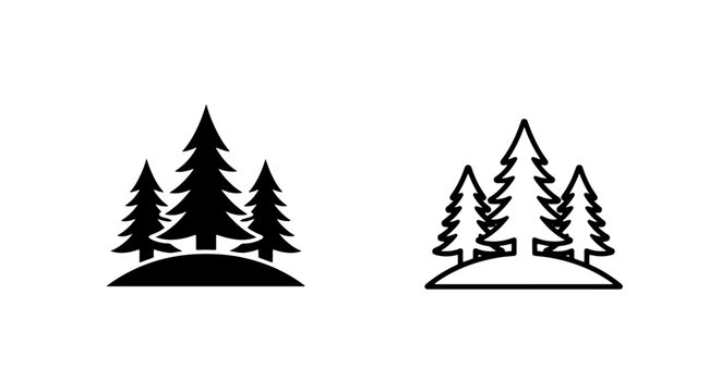 Group of three stylized coniferous pine trees, forest and wilderness icon