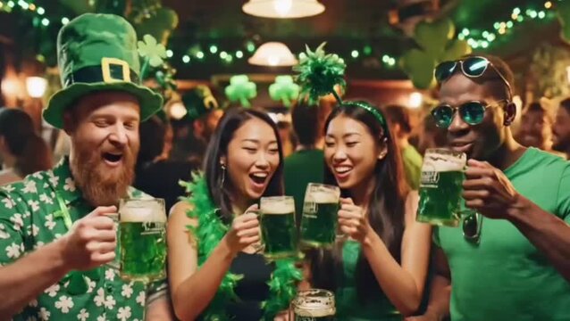 Friends celebrating st patrick's day toasting green beer
