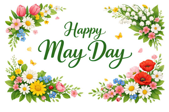Happy May Day greeting card illustration with colorful spring flowers, green calligraphy lettering, floral wreath border for holiday celebration design isolated PNG with Transparent Background